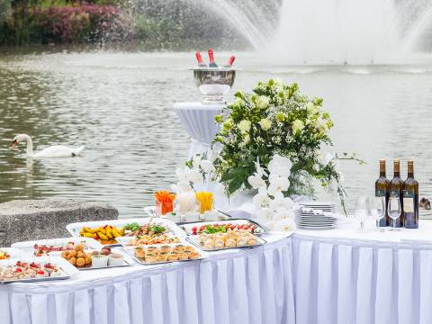 Hochzeitsapéro mit See und Springbrunnen im Hintergrund